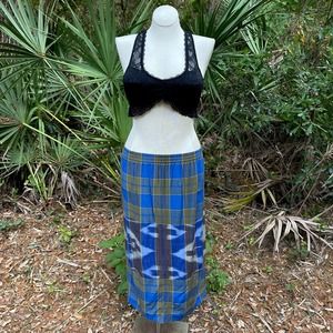 Vintage Blue Green Plaid Midi Skirt Ikat Geometric Cotton Slit Handmade Size M L
